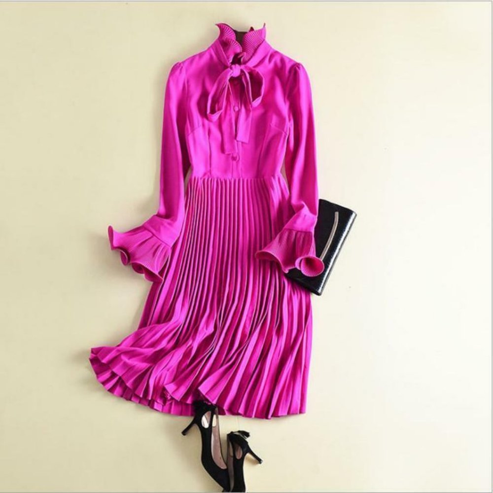 Runway womens aristocratic makings tied bow pressure plait pleated lady dresses